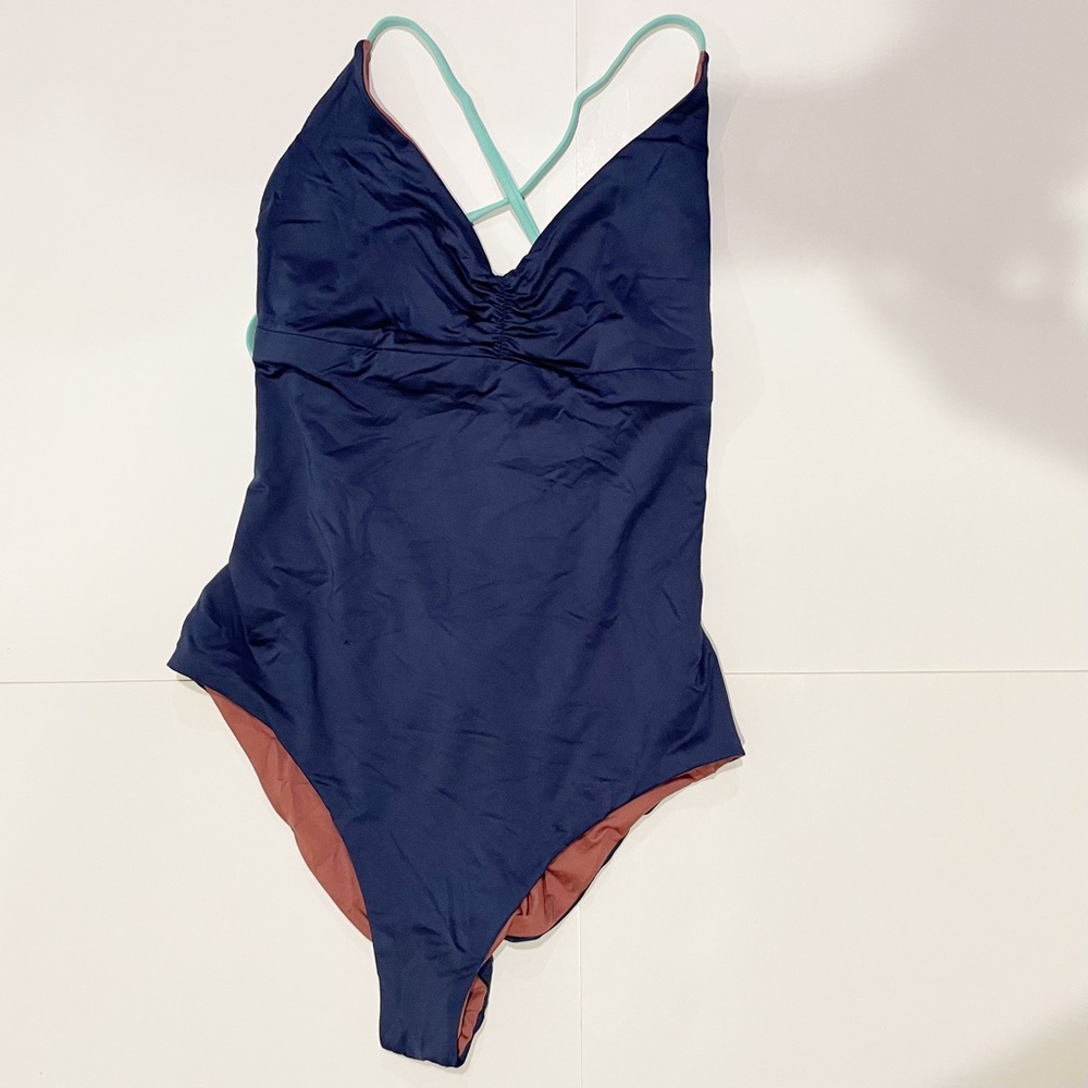 Patagonia blue and orange reversible swimsuit